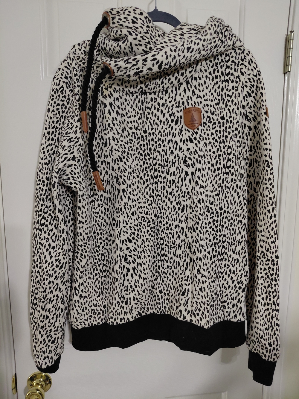 Wanakome Cream and Black Leopard Funnel Neck Pullover Hoodie